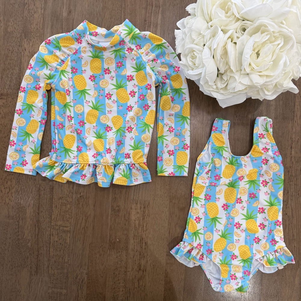 Flap Happy Blue Stripe Pineapple Print Rash Guard Swimsuit Set  - 2T